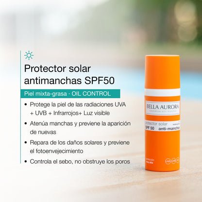 Bella Aurora Protector Solar Facial Antimanchas SPF 50+ | Protección Muy Alta UVA UVB IR Luz Azul | Control Brillos y Absorción Rápida | Piel Mixta y Grasa | Uso Diario | 50 ml