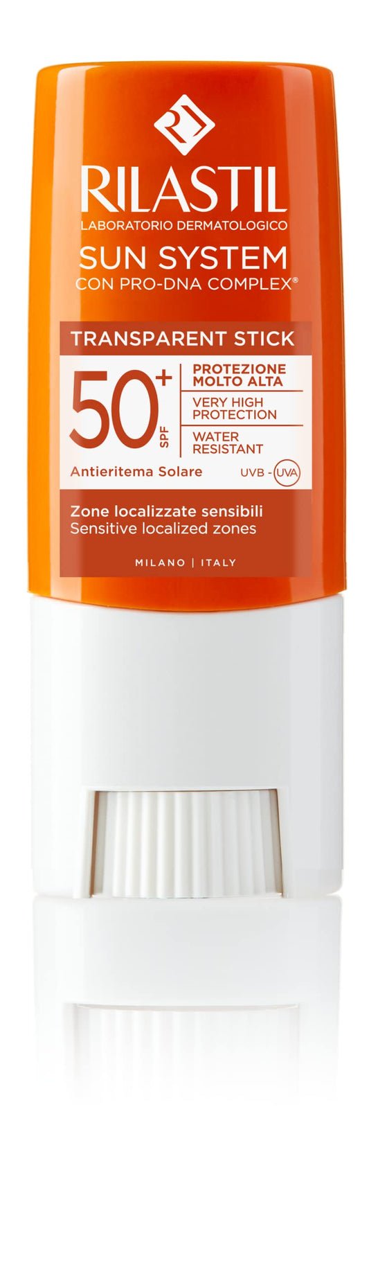 Rilastil - Sun System Stick SPF 50+, Protección Solar Alta UVB UVA Zonas Sensibles, con PRO-DNA Complex, Transparente Resistente Agua - 8,5 g
