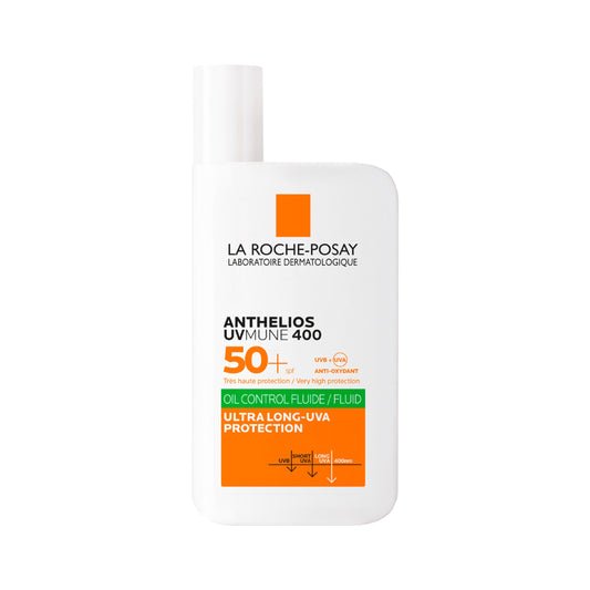 La Roche Posay Fluido Invisible, Protector Solar con SPF50+, Efecto Matificante 24 Horas, Resistente al Agua, Sudor y Arena, Fórmula con Mexoryl 400, Anthelios UV-MUNE 400 Oil Control, 50 ml