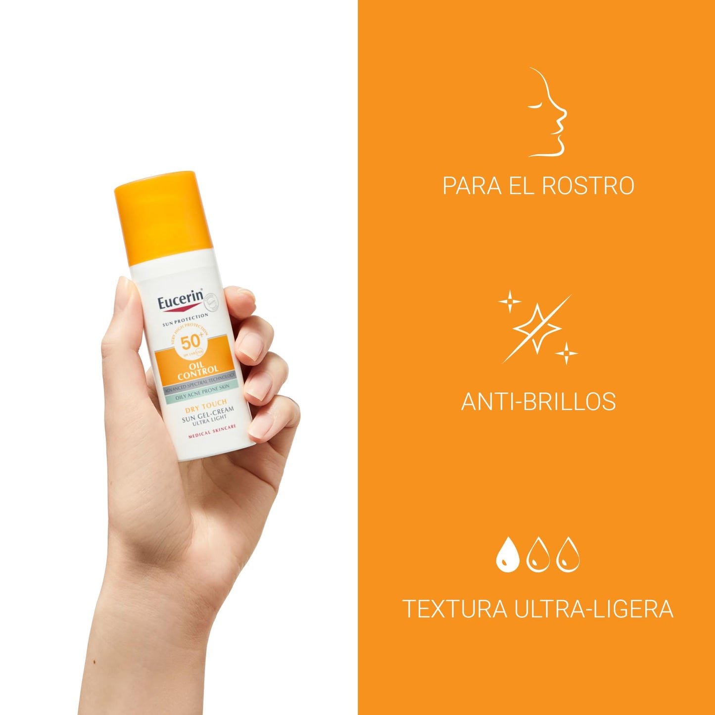Eucerin Sun Gel Crema Oil Control Dry Touch FPS 50+ (50 ml), protección solar facial 50+ con filtros UVA/UVB, crema solar para piel grasa y propensa al acné, crema de sol con textura ultraligera