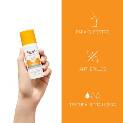 Eucerin Sun Gel Crema Oil Control Dry Touch FPS 50+ (50 ml), protección solar facial 50+ con filtros UVA/UVB, crema solar para piel grasa y propensa al acné, crema de sol con textura ultraligera