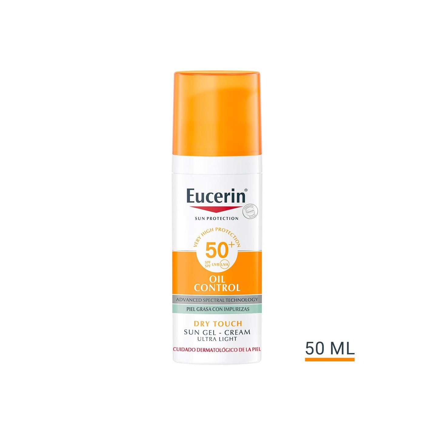 Eucerin Sun Gel Crema Oil Control Dry Touch FPS 50+ (50 ml), protección solar facial 50+ con filtros UVA/UVB, crema solar para piel grasa y propensa al acné, crema de sol con textura ultraligera