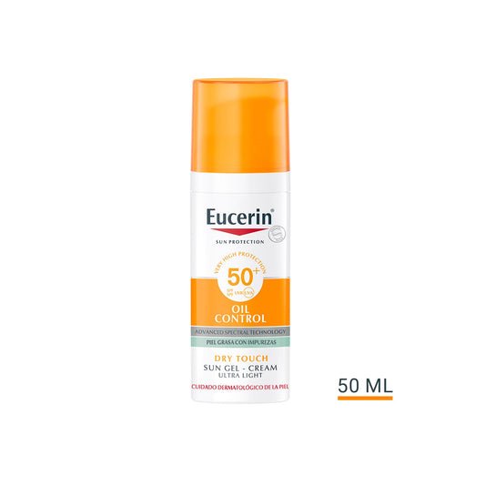 Eucerin Sun Gel Crema Oil Control Dry Touch FPS 50+ (50 ml), protección solar facial 50+ con filtros UVA/UVB, crema solar para piel grasa y propensa al acné, crema de sol con textura ultraligera