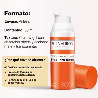 Bella Aurora Protector Solar SPF 50+ Facial Anti-Manchas Piel Normal Seca, 50 ml | Crema Protección del Sol Cara | Bloqueador Solar