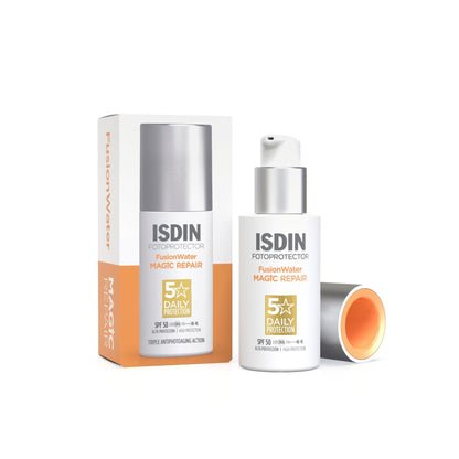 ISDIN Fusion Water MAGIC Repair SPF 50 Protector Solar Facial de Uso Diario con Triple Acción Anti-edad, Combate la Polución y el Fotoenvejecimiento 50 ml