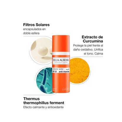 Bella Aurora Protector Solar Facial Antimanchas SPF 50+ | Protección Muy Alta UVA UVB IR Luz Azul | Control Brillos y Absorción Rápida | Piel Mixta y Grasa | Uso Diario | 50 ml