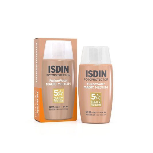 ISDIN Fotoprotector Fusion Water MAGIC Medium SPF 50, Protector Solar Facial Ultraligero Con Color, Crema Solar Que Unifica El Tono Y Protege Con Tecnología Full Spectrum, En 3 Tonos -50 ml