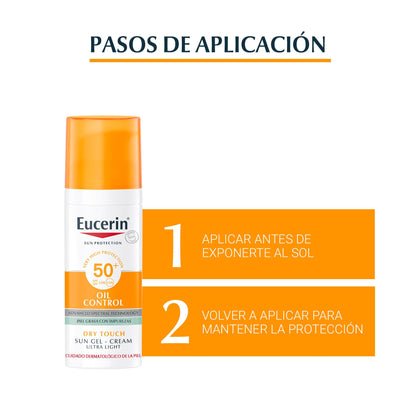 Eucerin Sun Gel Crema Oil Control Dry Touch FPS 50+ (50 ml), protección solar facial 50+ con filtros UVA/UVB, crema solar para piel grasa y propensa al acné, crema de sol con textura ultraligera