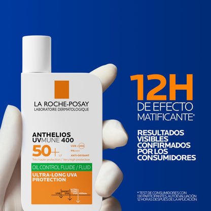 La Roche Posay Fluido Invisible, Protector Solar con SPF50+, Efecto Matificante 24 Horas, Resistente al Agua, Sudor y Arena, Fórmula con Mexoryl 400, Anthelios UV-MUNE 400 Oil Control, 50 ml