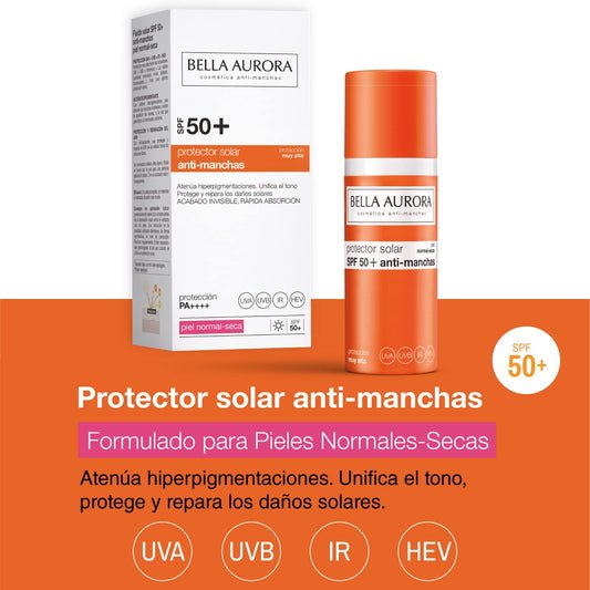 Bella Aurora Protector Solar SPF 50+ Facial Anti-Manchas Piel Normal Seca, 50 ml | Crema Protección del Sol Cara | Bloqueador Solar