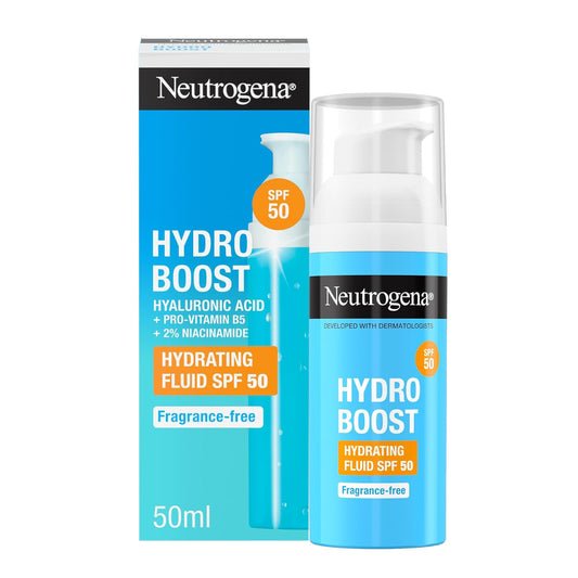 Neutrogena Hydro Boost Fluido Hidratante SPF 50 (1 x 50 ml), crema solar 50 de uso diario con ácido hialurónico y 2% niacinamida, protector solar hidratante de amplio espectro