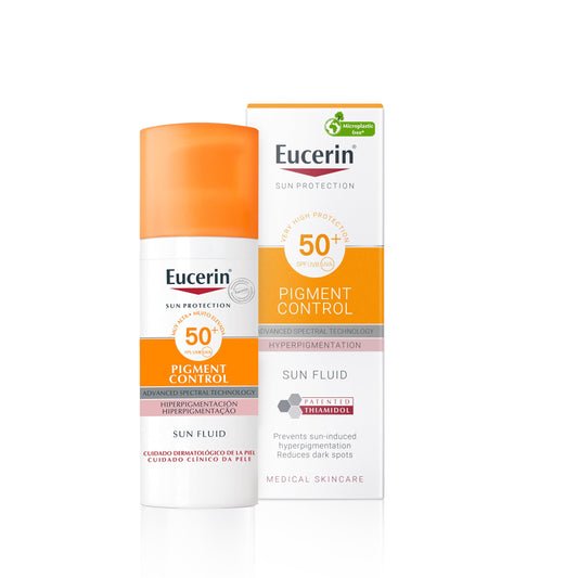 Eucerin Sun Face Pigment Control Fluid FPS 50+ (50 ml), crema facial solar FPS 50+ con filtros UVA/UVB, protección solar antimanchas y antipigmentación, crema de sol para todo tipo de pieles