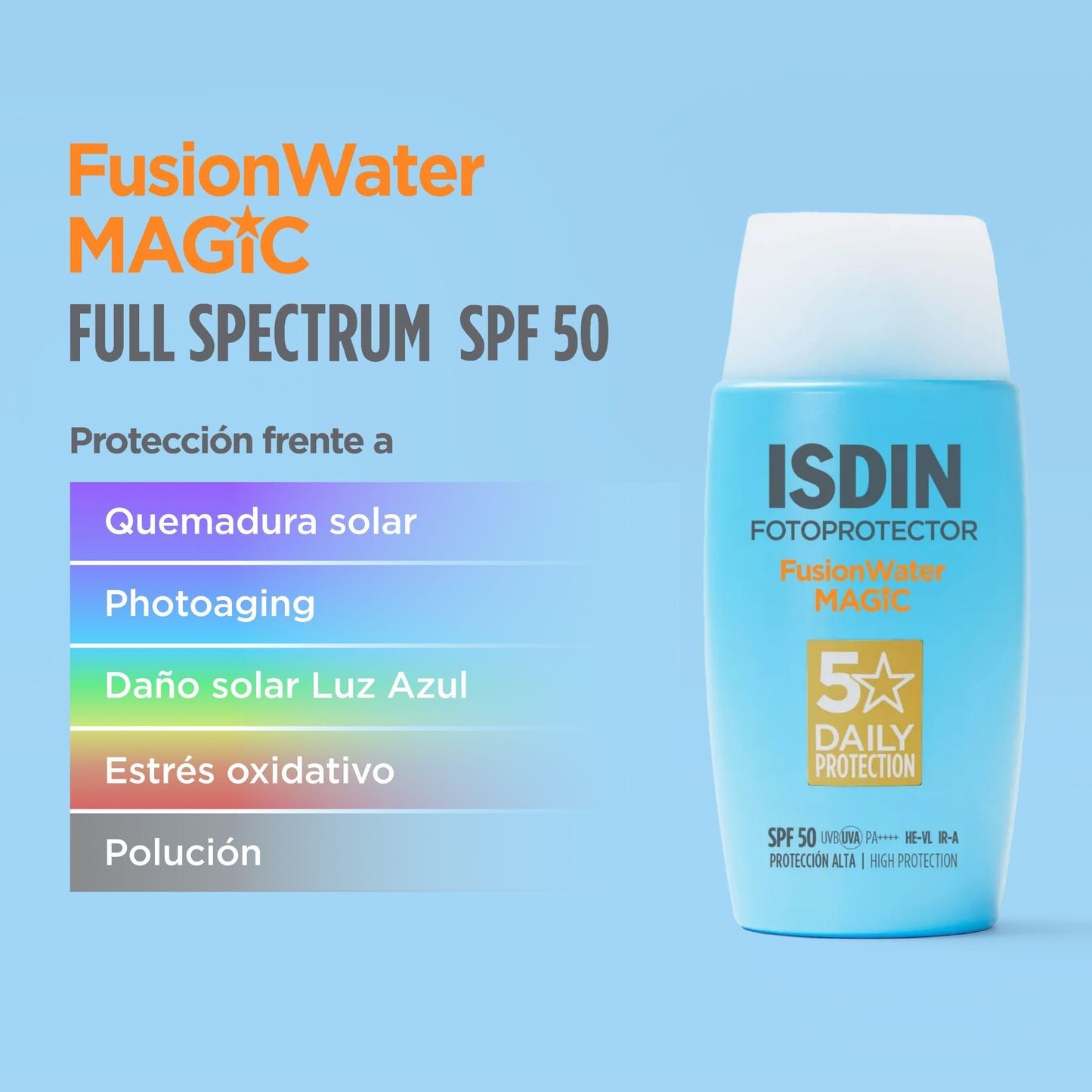 ISDIN Fotoprotector Fusion Water MAGIC SPF 50, Protector Solar Facial De Uso Diario Ultraligero Y Absorción Inmediata, Crema Solar Que Protege Frente Al Daño Solar Con Tecnología Full Spectrum -50 ml