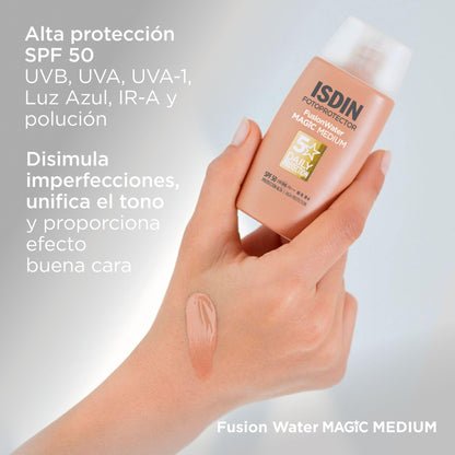 ISDIN Fotoprotector Fusion Water MAGIC Medium SPF 50, Protector Solar Facial Ultraligero Con Color, Crema Solar Que Unifica El Tono Y Protege Con Tecnología Full Spectrum, En 3 Tonos -50 ml