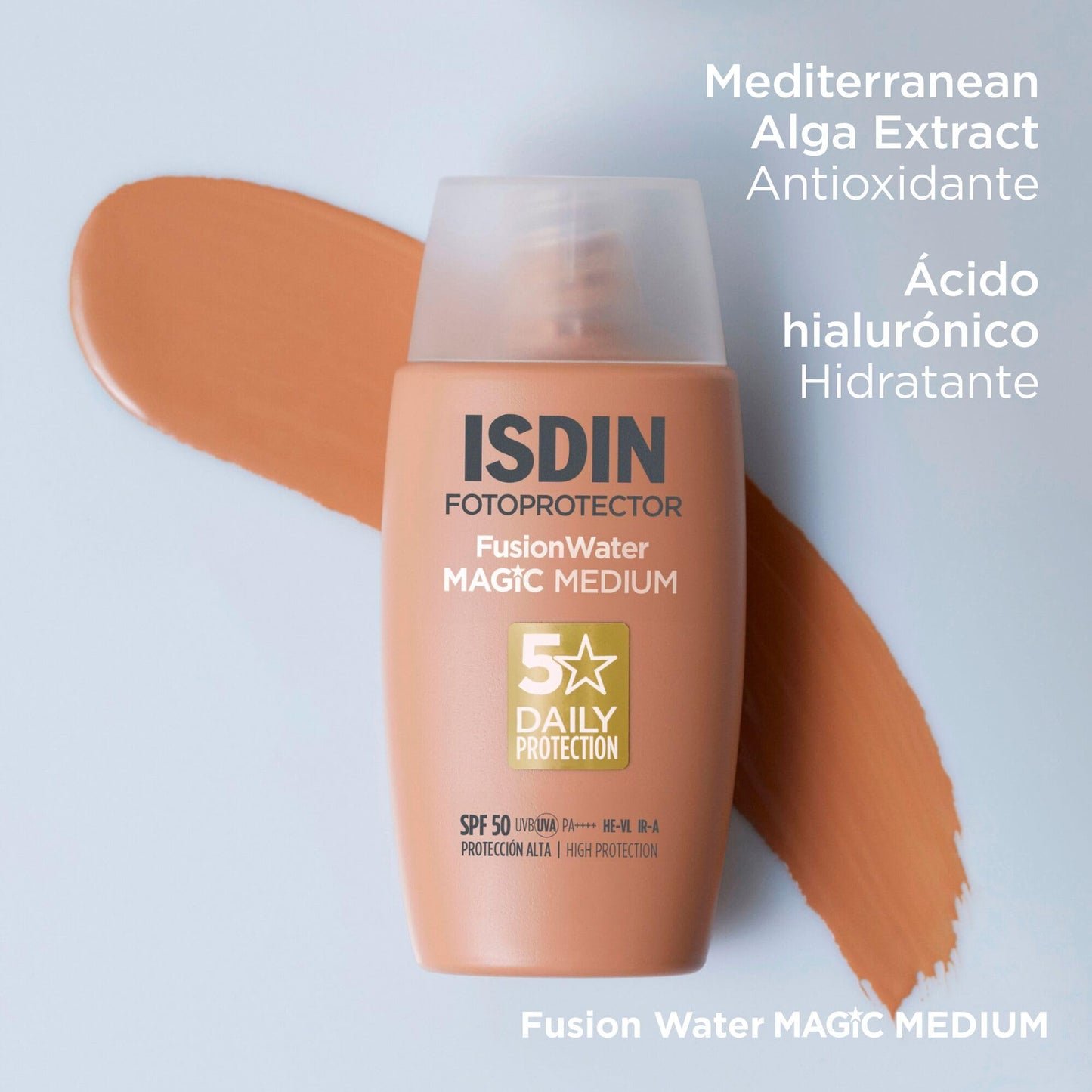 ISDIN Fotoprotector Fusion Water MAGIC Medium SPF 50, Protector Solar Facial Ultraligero Con Color, Crema Solar Que Unifica El Tono Y Protege Con Tecnología Full Spectrum, En 3 Tonos -50 ml