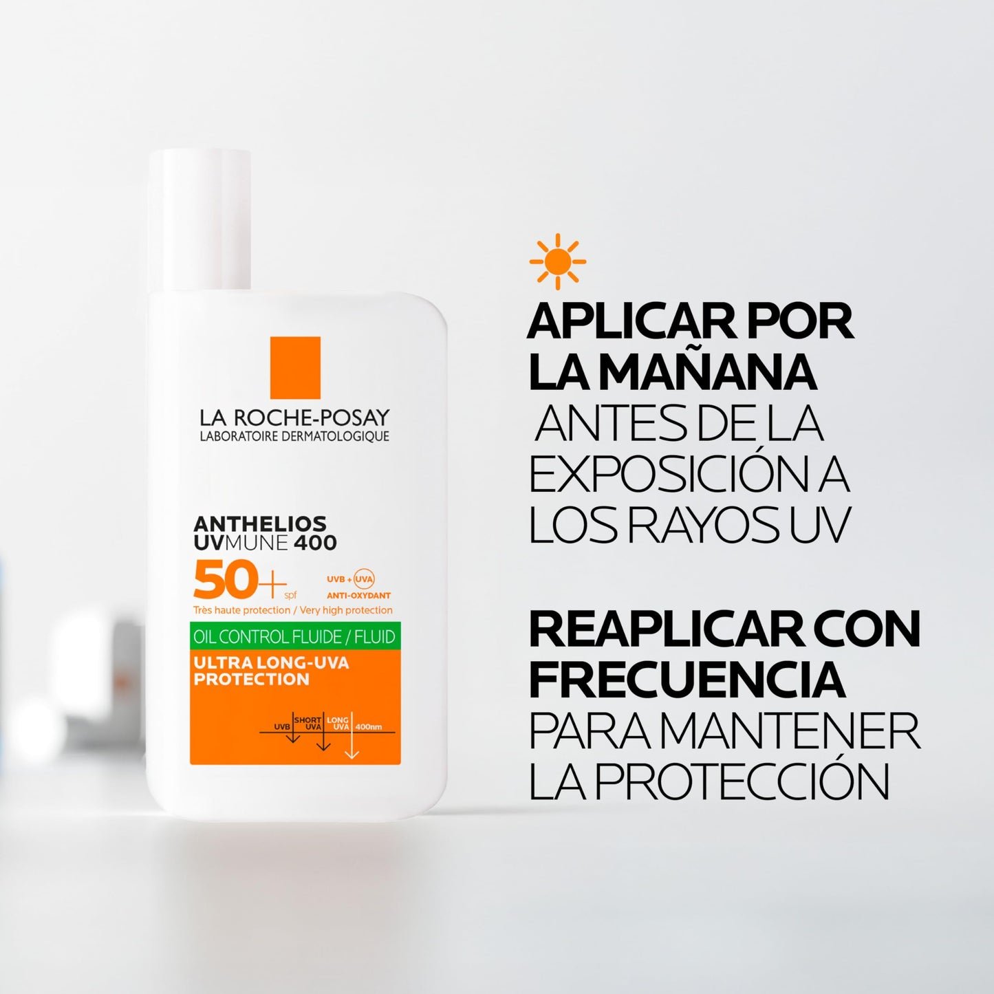 La Roche Posay Fluido Invisible, Protector Solar con SPF50+, Efecto Matificante 24 Horas, Resistente al Agua, Sudor y Arena, Fórmula con Mexoryl 400, Anthelios UV-MUNE 400 Oil Control, 50 ml