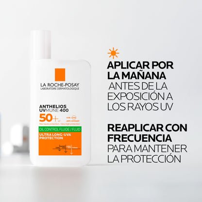 La Roche Posay Fluido Invisible, Protector Solar con SPF50+, Efecto Matificante 24 Horas, Resistente al Agua, Sudor y Arena, Fórmula con Mexoryl 400, Anthelios UV-MUNE 400 Oil Control, 50 ml