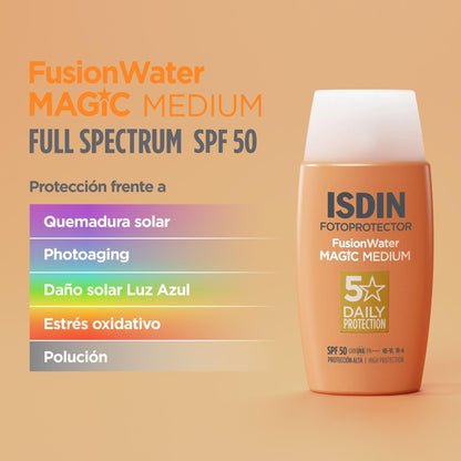 ISDIN Fotoprotector Fusion Water MAGIC Medium SPF 50, Protector Solar Facial Ultraligero Con Color, Crema Solar Que Unifica El Tono Y Protege Con Tecnología Full Spectrum, En 3 Tonos -50 ml