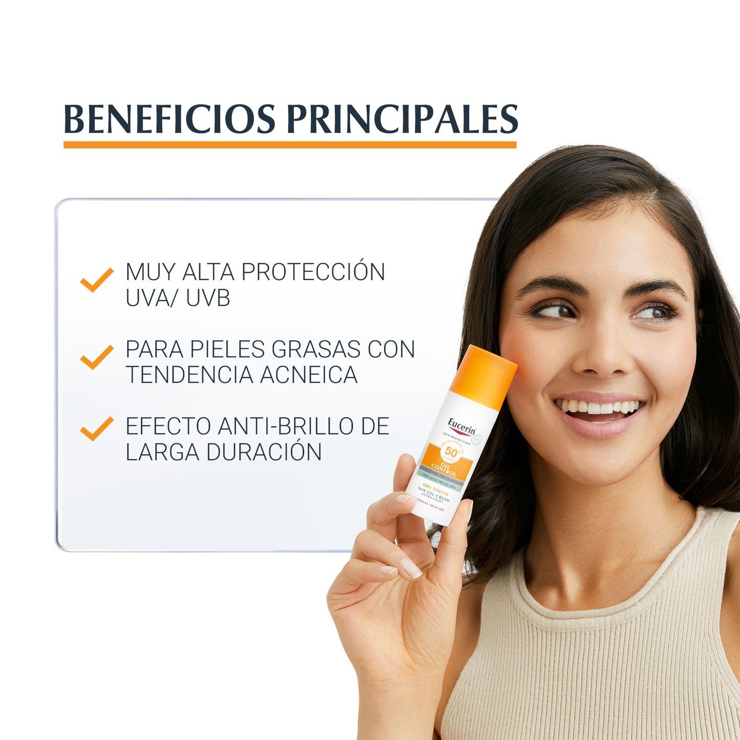 Eucerin Sun Gel Crema Oil Control Dry Touch FPS 50+ (50 ml), protección solar facial 50+ con filtros UVA/UVB, crema solar para piel grasa y propensa al acné, crema de sol con textura ultraligera