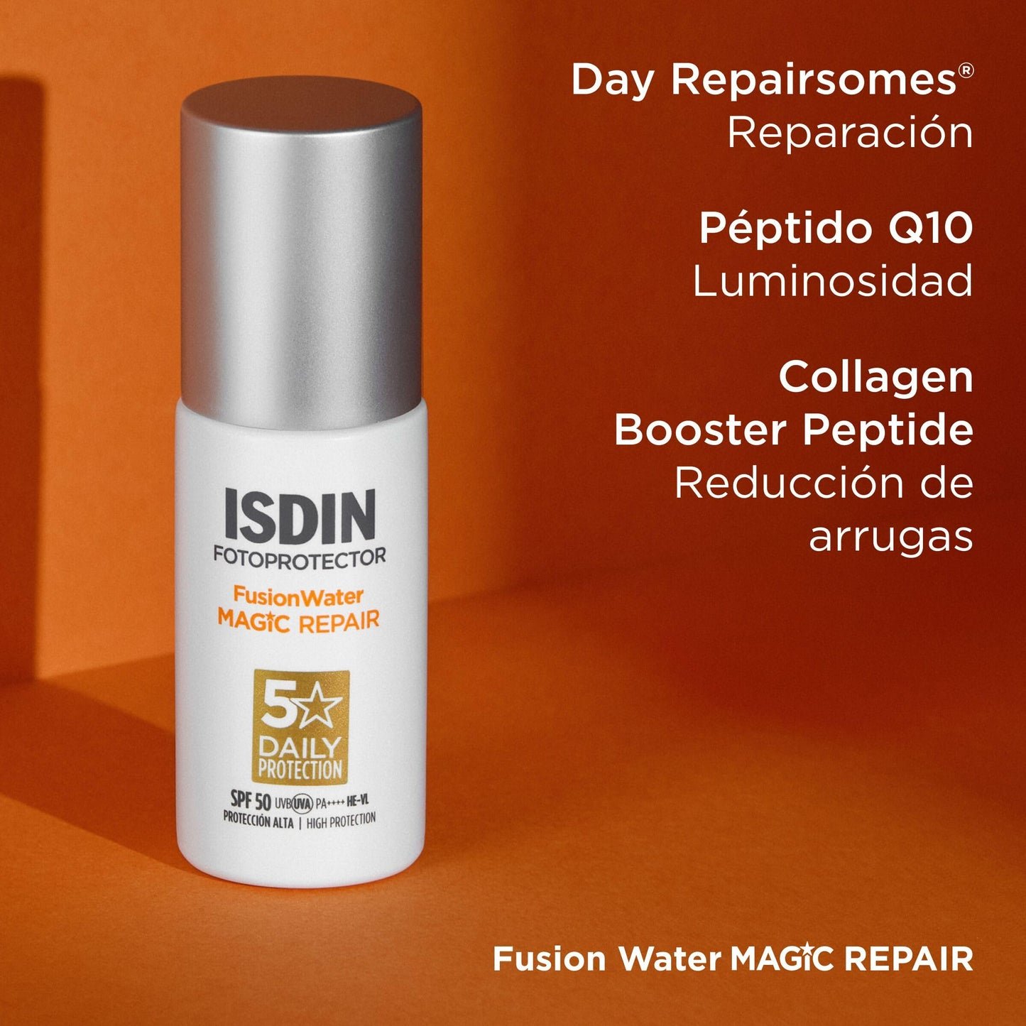ISDIN Fusion Water MAGIC Repair SPF 50 Protector Solar Facial de Uso Diario con Triple Acción Anti-edad, Combate la Polución y el Fotoenvejecimiento 50 ml