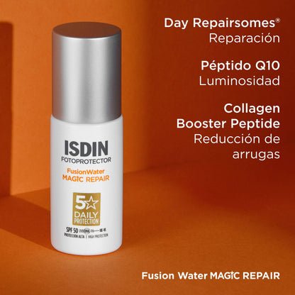 ISDIN Fusion Water MAGIC Repair SPF 50 Protector Solar Facial de Uso Diario con Triple Acción Anti-edad, Combate la Polución y el Fotoenvejecimiento 50 ml