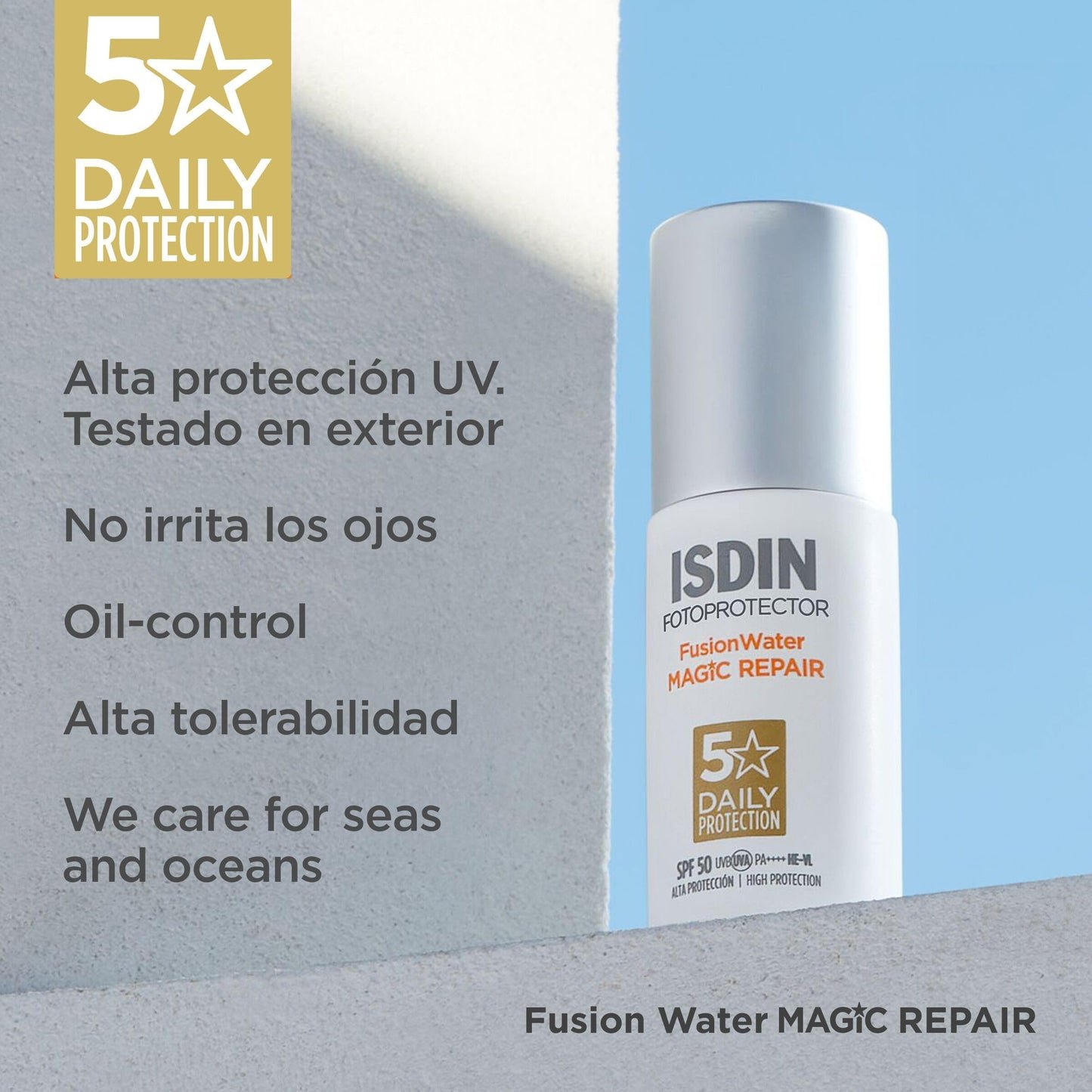 ISDIN Fusion Water MAGIC Repair SPF 50 Protector Solar Facial de Uso Diario con Triple Acción Anti-edad, Combate la Polución y el Fotoenvejecimiento 50 ml