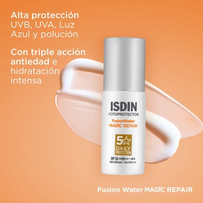 ISDIN Fusion Water MAGIC Repair SPF 50 Protector Solar Facial de Uso Diario con Triple Acción Anti-edad, Combate la Polución y el Fotoenvejecimiento 50 ml